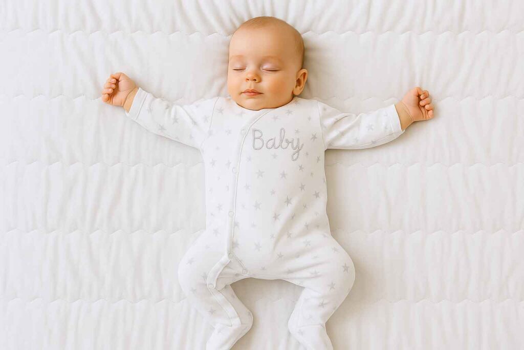 Baby is wearing a white color baby sleepsuits