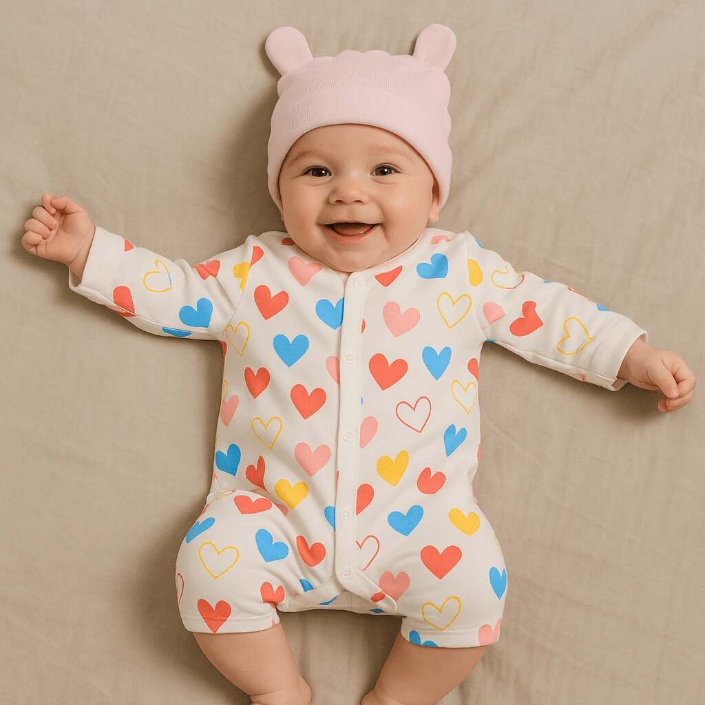 A toddler wearing a heart designed romper and a rabbit hat, lying on a bed.