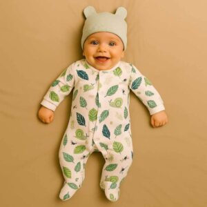 Toddler wearing a nature themed cute sleepsuit and a light green rabbit designed hat.