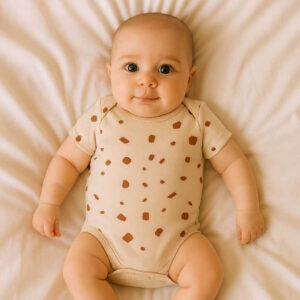 A baby is wearing a coffee-pattern yellow cotton baby bodysuit while lying on a soft cotton bedsheet