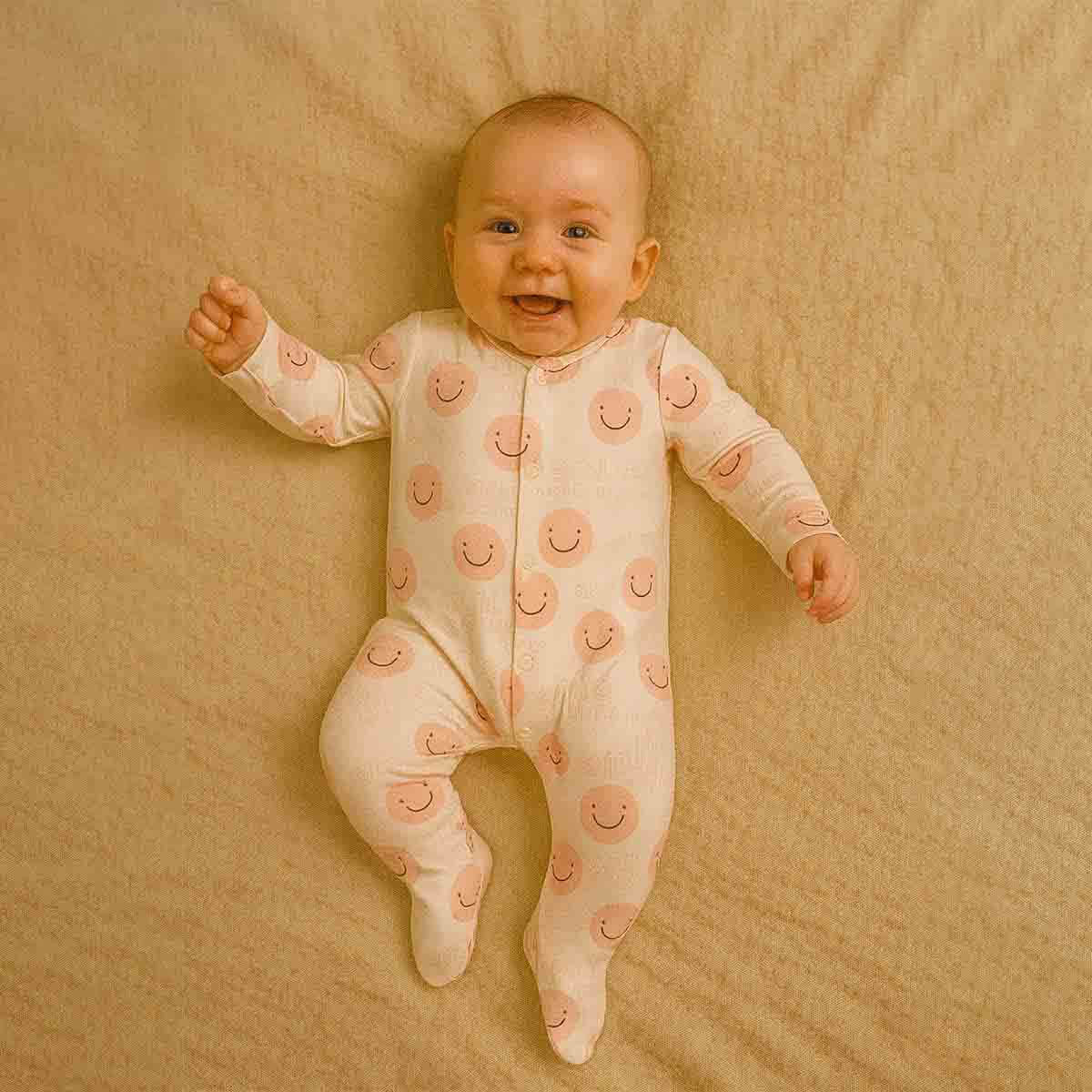 A toddler is wearing a Blush Smile Dreams Sleepsuit