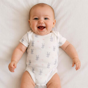 A toddler is wearing a bunny blanc baby bodysuit
