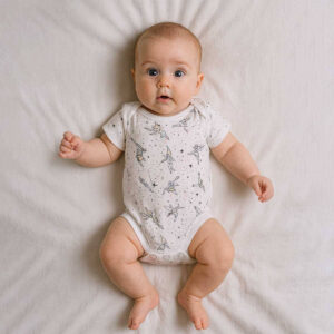 A toddler is wearing a little fairy sparkle bodysuit