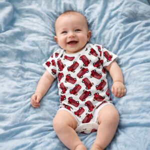 A toddler is wearing a Little Fire Brigade bodysuit