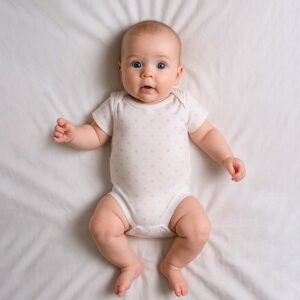 A toddler is wearing a little pink hearts baby bodysuit