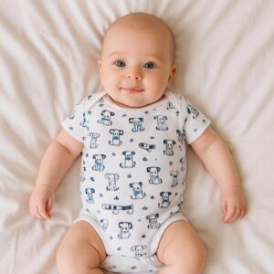 A toddler is wearing a little puppy pals baby bodysuit