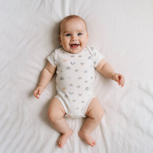 A toddler is wearing a little rainbow dots baby bodysuit