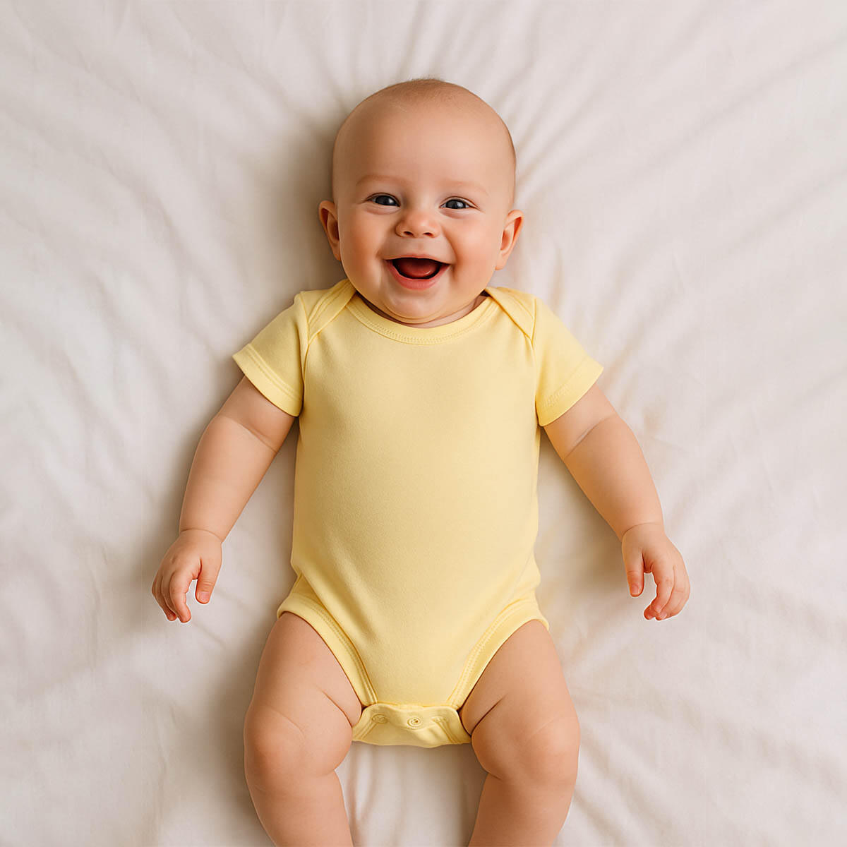 A toddler is wearing a luna white classic baby bodysuit