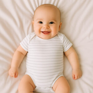 A toddler is wearing a minimal stripe luxe baby bodysuit
