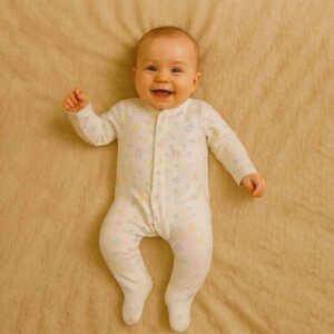 A toddler is wearing a Pastel Forest Lullaby Sleepsuit