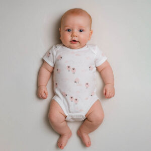 A toddler is wearing a pastel woolly friends baby bodysuit while lying down on a soft cotton bedsheet