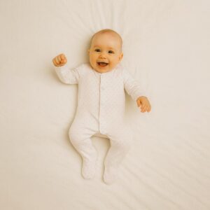 A toddler is wearing a Petal Kiss Hearts Sleepsuit