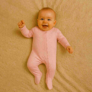 A toddler is wearing a Pink Aurora Star Sleepsuit