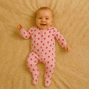 A toddler is wearing a Pink Berry Whisper Sleepsuit
