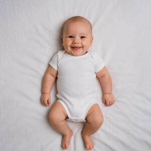 A toddler is wearing a pure cotton white baby bodysuit