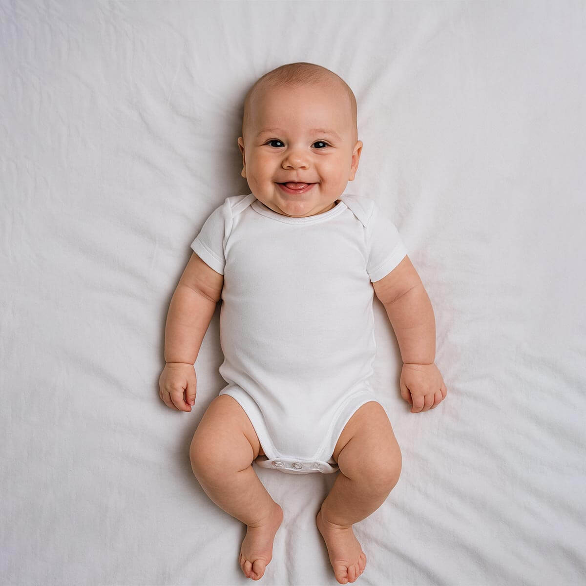 A toddler is wearing a pure cotton white baby bodysuit