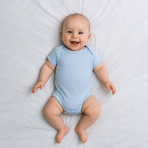A toddler is wearing a Pure Sky Blue Baby Bodysuit