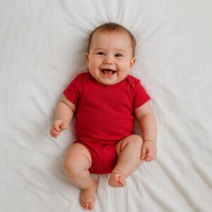 A toddler is wearing a ruby red essential baby bodysuit