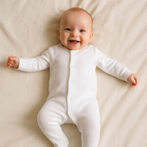 A toddler is wearing a Soft Pearl Sleepsuit