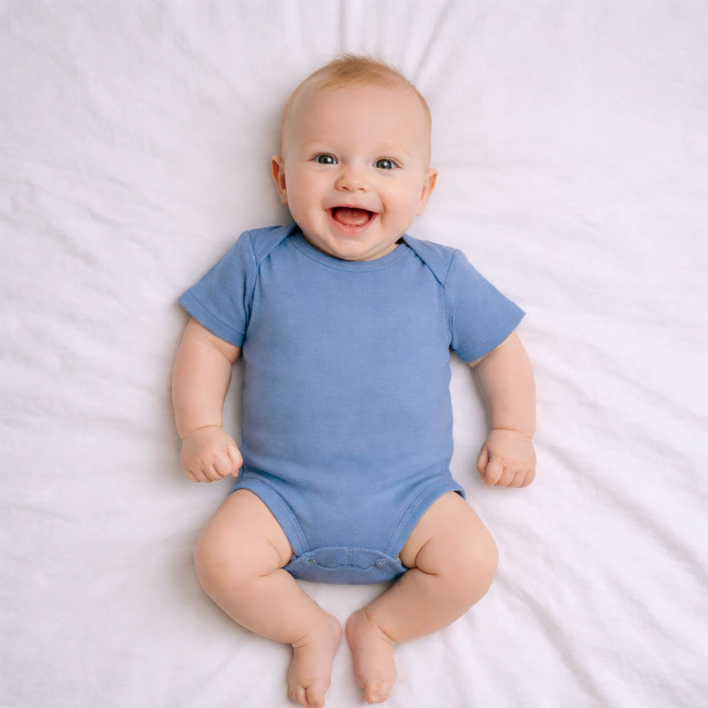 A toddler is wearing a soft sky signature bodysuit