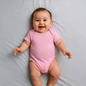 A toddler is wearing a solid pink cotton baby bodysuit while lying down on a soft cotton bedsheet