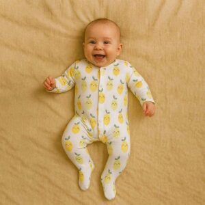 A toddler is wearing a Sunny Lemon Snuggles Sleepsuit