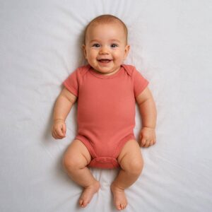 A toddler is wearing a sunset peach baby bodysuit