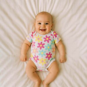 a toddler is wearing a sunshine and petals baby bodysuit