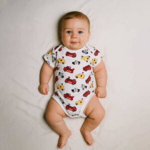 A toddler is wearing a tiny rescue fleet baby bodysuit