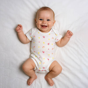 A toddler is wearing a tropical daydream baby bodysuit