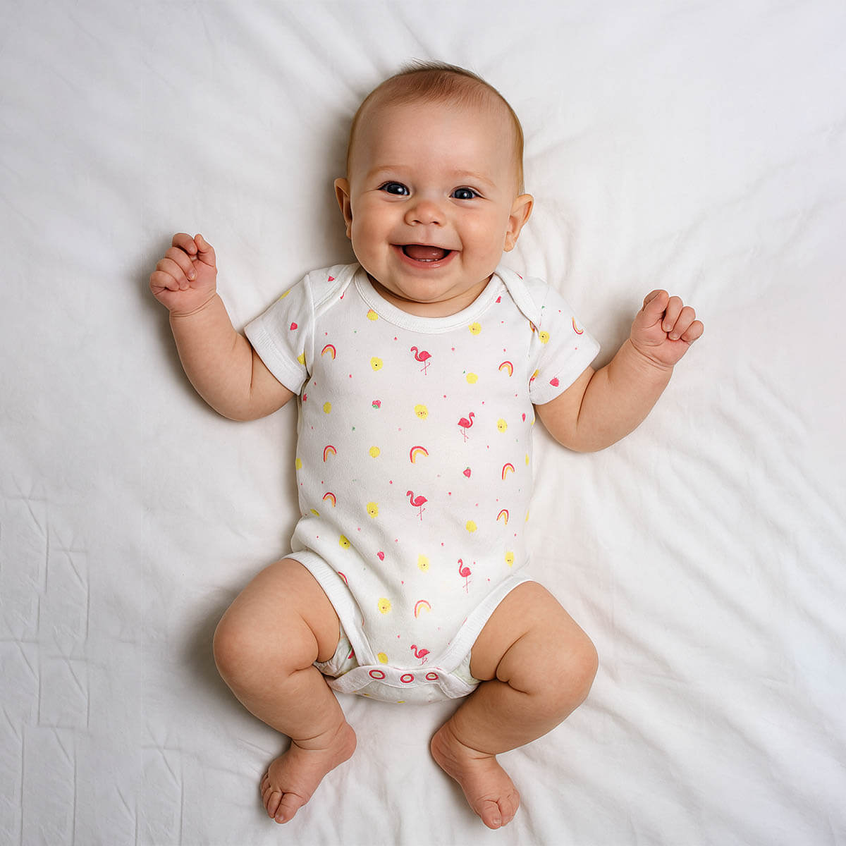 A toddler is wearing a tropical daydream baby bodysuit