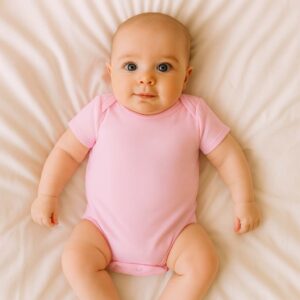 A toddler wearing a plain pink cotton baby bodysuit while lying on a soft cotton bedsheet