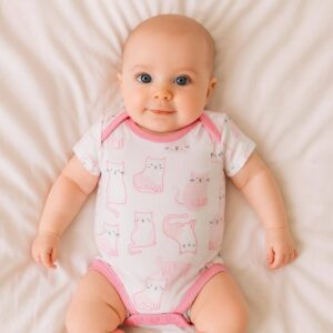 A toddler is wearing a cat designed pink and white baby bodysuit while lying on a soft cotton bedsheet