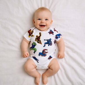 A toddler is wearing a Little Heroes Bodysuit