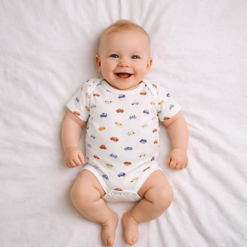 A toddler is wearing a Mini Motors Bodysuit