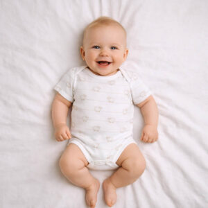 A toddler is wearing a Sleepy Sheep Bodysuit