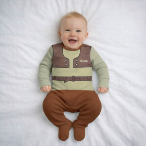 A toddler is wearing a Swamp Buddy Sleepsuit