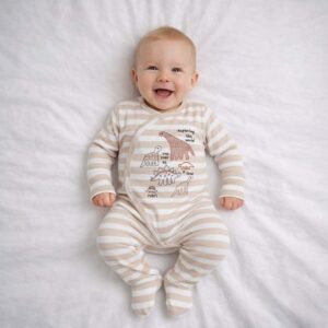 A toddler is wearing a Exploring the World Dino Sleepsuit