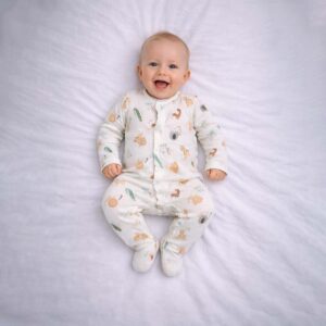 Baby wearing a baby animal print sleepsuit with playful animal illustrations