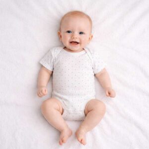 Baby wearing a baby dotted print bodysuit with soft white fabric and tiny dots