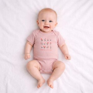 Baby wearing a baby floral print bodysuit in soft pink with delicate flowers