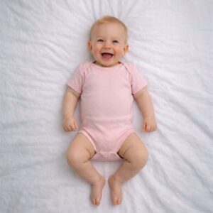 Baby wearing a baby pink bodysuit with soft fabric and minimal design