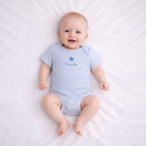 Baby wearing a baby star print bodysuit with soft blue fabric and tiny star design
