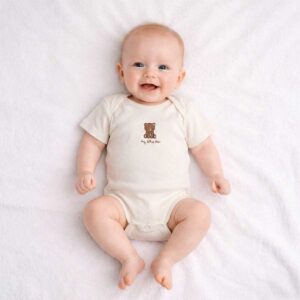 Baby wearing a baby teddy bear bodysuit with cute bear illustration