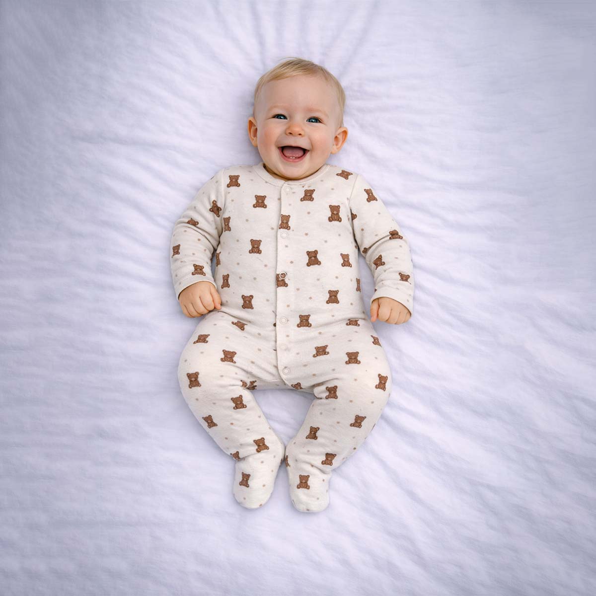Baby wearing a baby teddy bear sleepsuit with cream fabric and cute teddy print