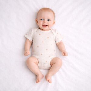 Baby wearing a baby teddy print bodysuit with soft neutral teddy pattern