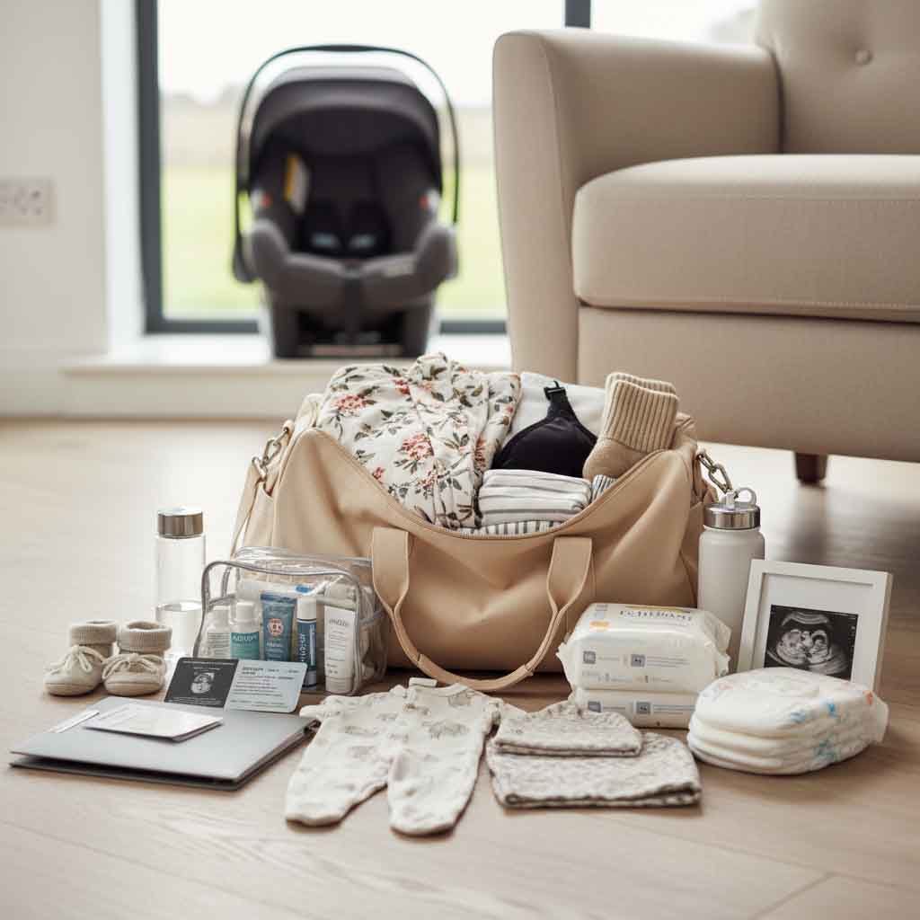 Essential items for a baby hospital bag including clothes and toiletries.
