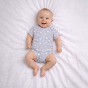 Grey star print baby bodysuit worn by a baby during everyday wear