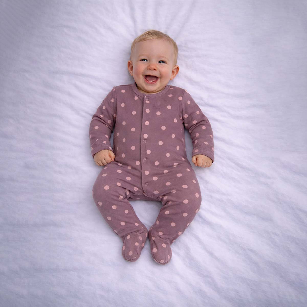 Mauve baby sleepsuit with polka dot pattern