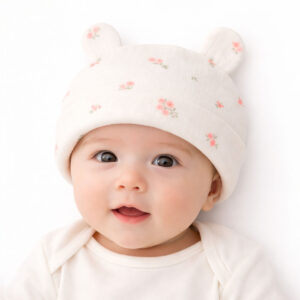 Newborn floral baby hat worn by baby featuring soft floral print and bear ears
